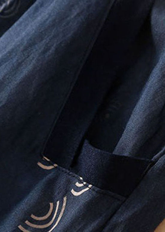 Bohemian Navy Wrinkled Pockets Patchwork Linen Skirts Summer LY0631