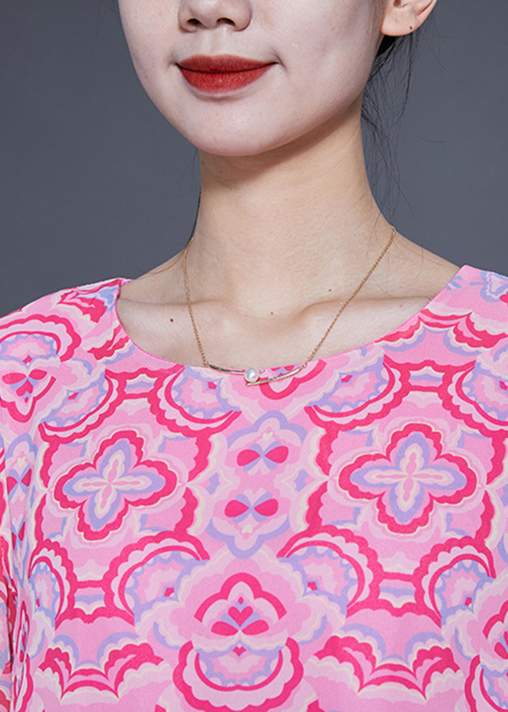 Bohemian Pink Print Patchwork Wrinkled Silk A Line Dress Lantern Sleeve LY1846