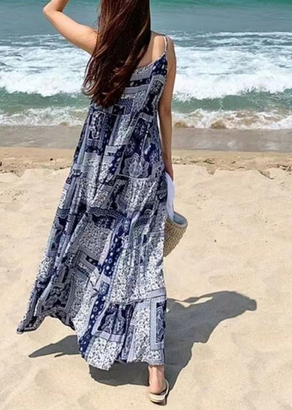 Bohemian Women Sleeveless O-Neck Printed Maxi Tank Dress Floral Blue LC0032