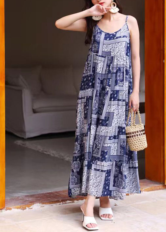 Bohemian Women Sleeveless O-Neck Printed Maxi Tank Dress Floral Blue LC0032