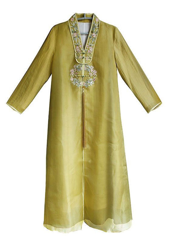 Bohemian Yellow V Neck Embroideried Patchwork Silk Dress Spring LY1698