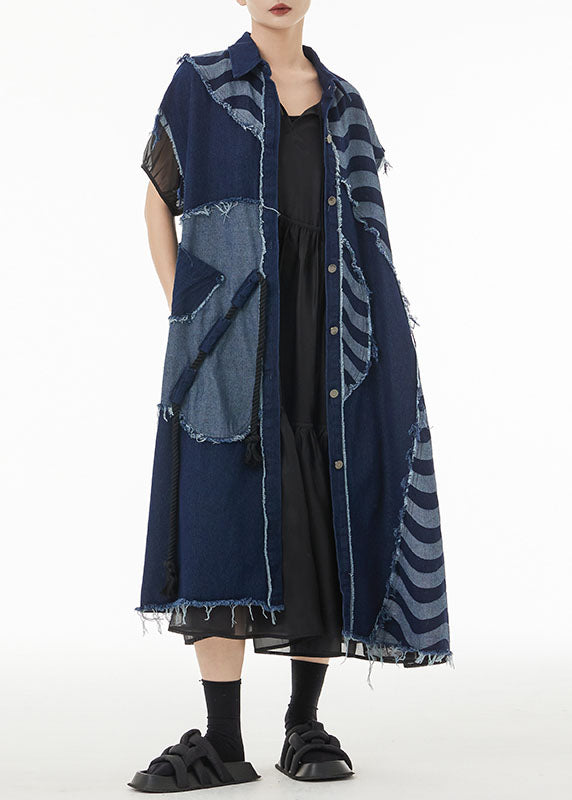Boho Blue Asymmetrical Patchwork Cotton Denim Long Cardigans Sleeveless LC0157