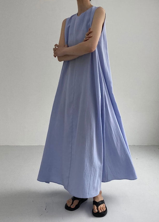 Boho Blue O Neck Pockets Patchwork Cotton Dress Sleeveless LC0461