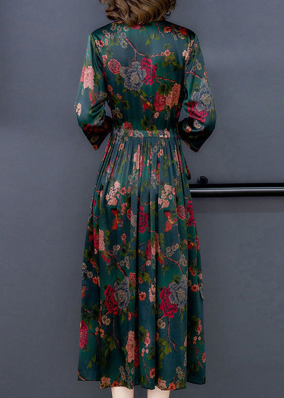 Boho Green Cinched Print Silk Dresses Bracelet Sleeve LY1690