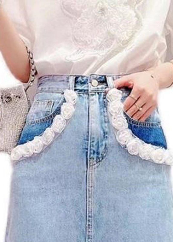 Boho Light Blue Tassel Patchwork High Waist Deninm Skirt Summer TY1081