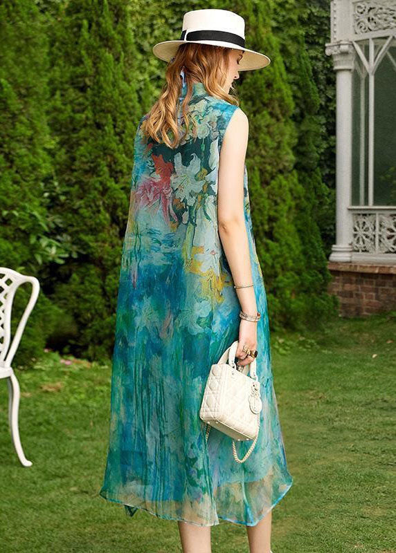 Boutique Baby Blue Stand Collar Tasseled Print Silk Dresses Sleeveless LC0229