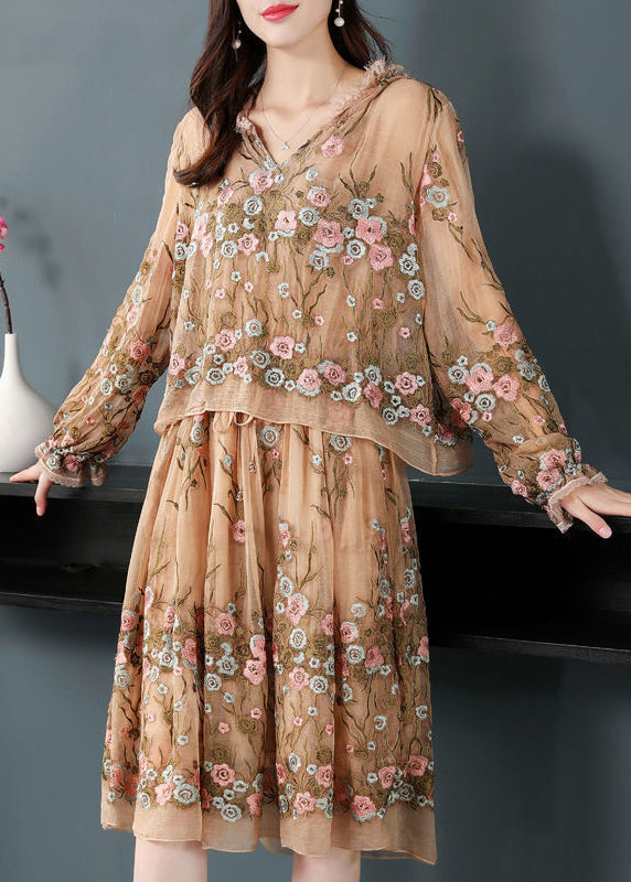 Boutique Beige Hooded Embroideried Patchwork Silk Fake Two Piece Dresses Spring LY1014