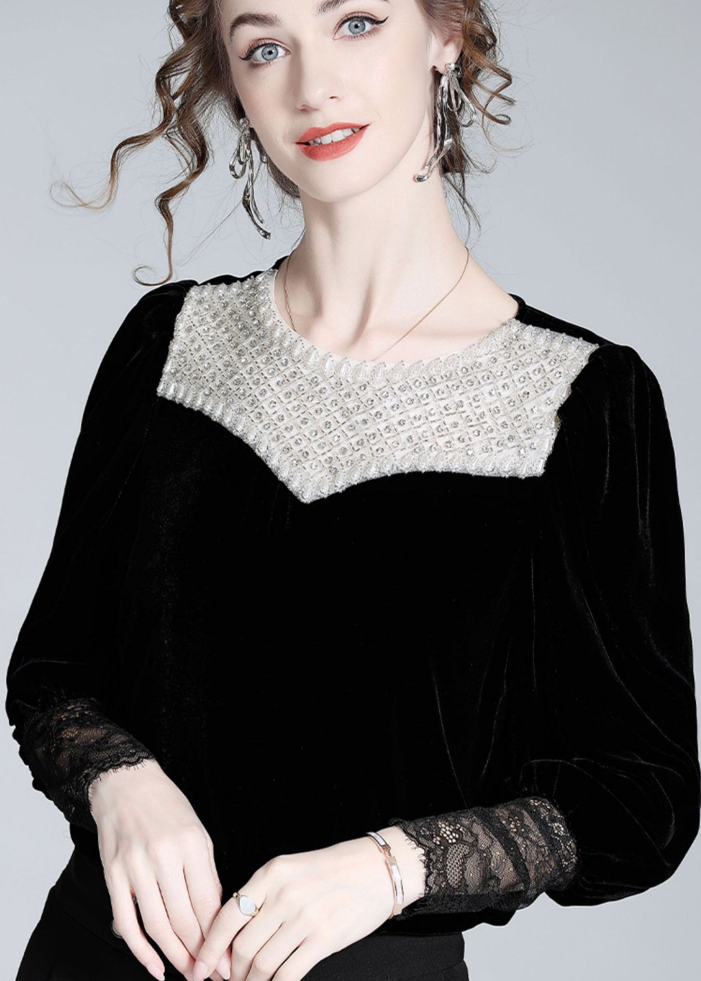 Boutique Black Nail Bead Lace Patchwork Silk Velour Blouse Top Spring LY1022