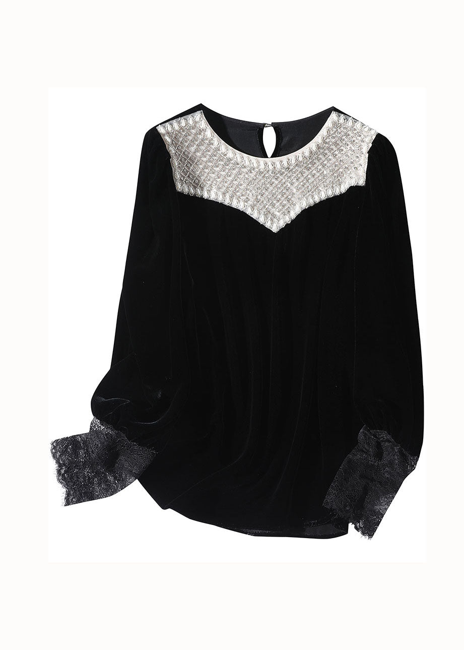Boutique Black Nail Bead Lace Patchwork Silk Velour Blouse Top Spring LY1022