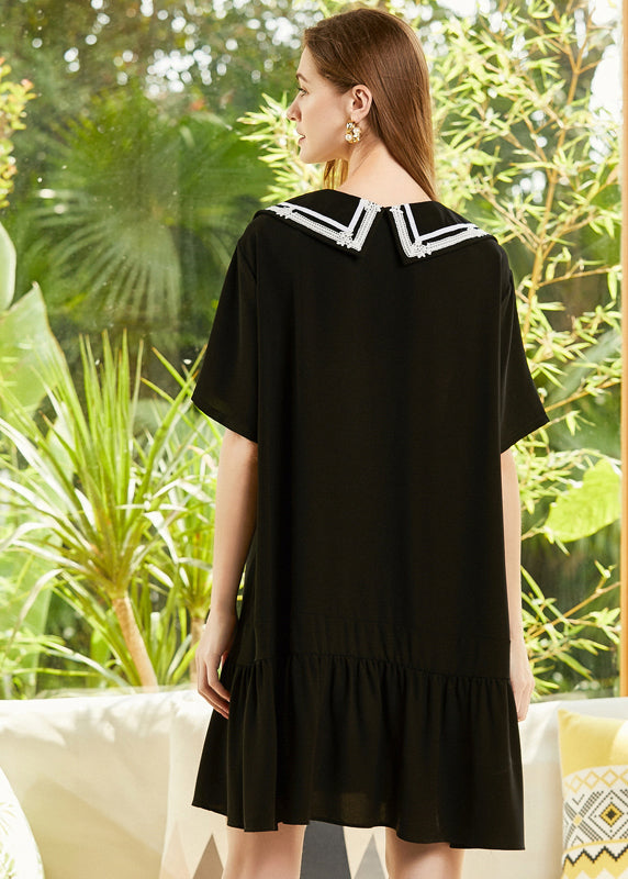 Boutique Black Sailor Collar Lace Up Cotton Party Dress Summer LY0282