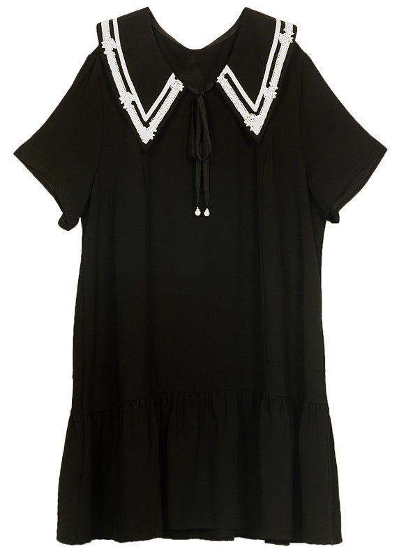 Boutique Black Sailor Collar Lace Up Cotton Party Dress Summer LY0282