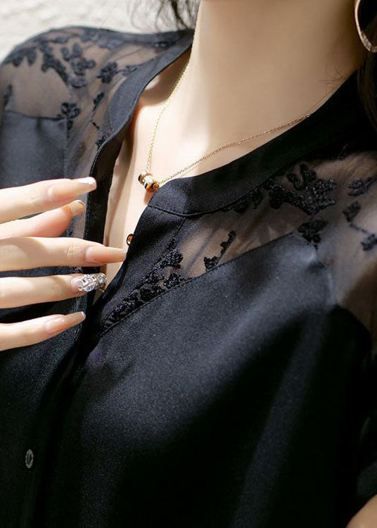 Boutique Black Stand Collar Embroideried Patchwork Silk Top Summer LY1416