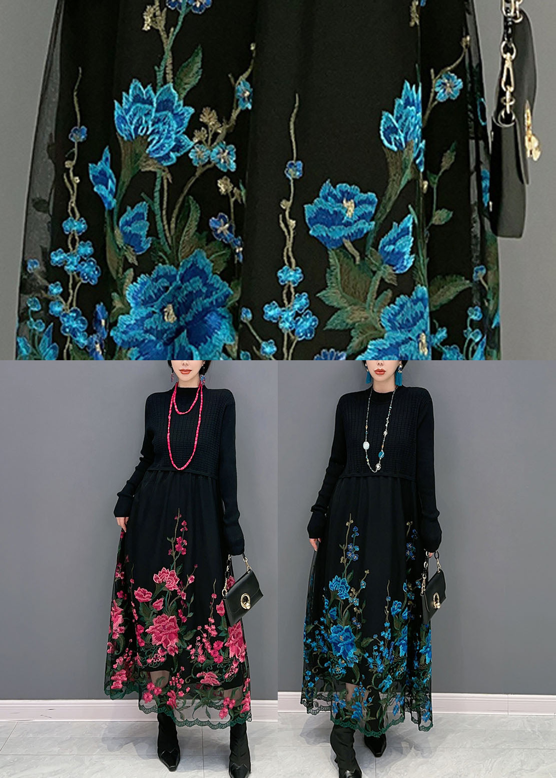 Boutique Blue Embroideried Patchwork Knit Maxi Dress Spring LY1583