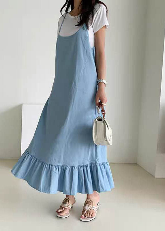 Boutique Blue Ruffled Patchwork Denim Spaghetti Strap Dress Summer LY1353