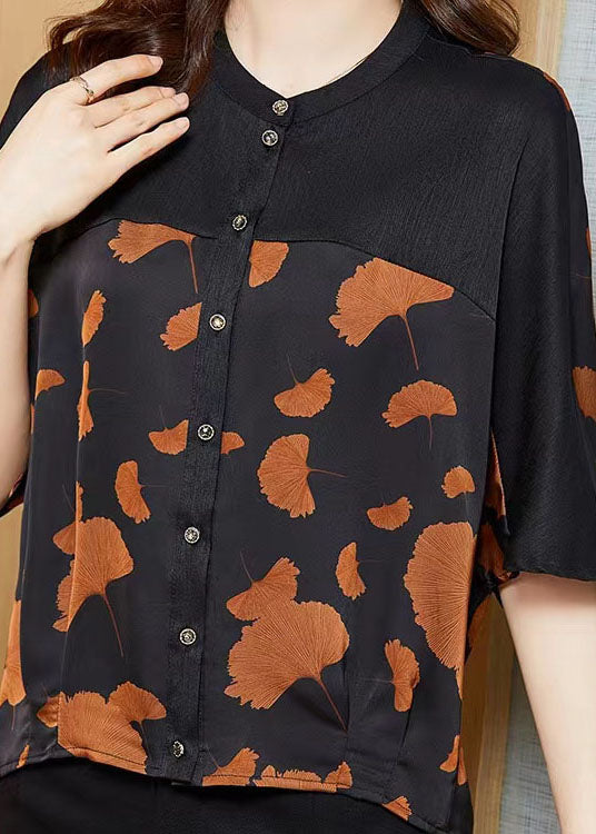 Boutique Ginkgo Leaf O Neck Patchwork Print Silk Shirt Summer LC0288