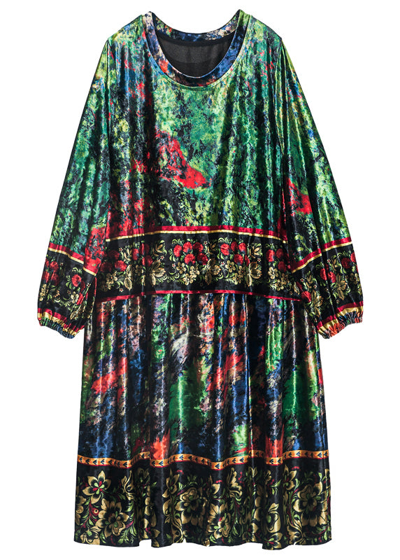 Boutique Green Oversized Print Silk Velour Dress Bracelet Sleeve LY0321