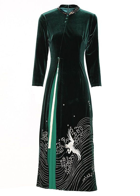 Boutique Green Tasseled Embroideried Patchwork Velour Dresses Spring LC0290