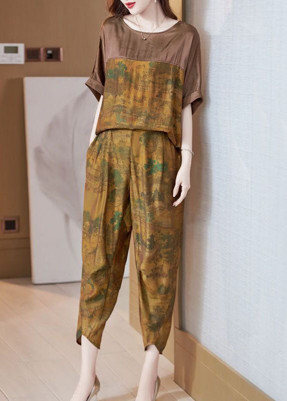 Boutique Khaki O-Neck Oversized Patchwork Silk Women Sets 2 Pieces Summer AC2031
