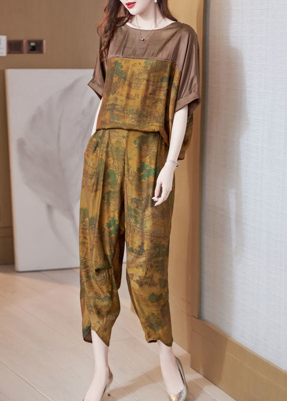 Boutique Khaki O-Neck Oversized Patchwork Silk Women Sets 2 Pieces Summer AC2031