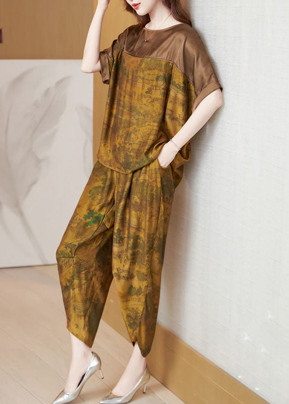 Boutique Khaki O-Neck Oversized Patchwork Silk Women Sets 2 Pieces Summer AC2031