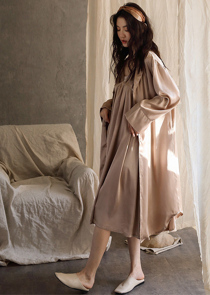 Boutique Pink Patchwork Button Solid Ice Silk Maxi Dress Spring LY1904