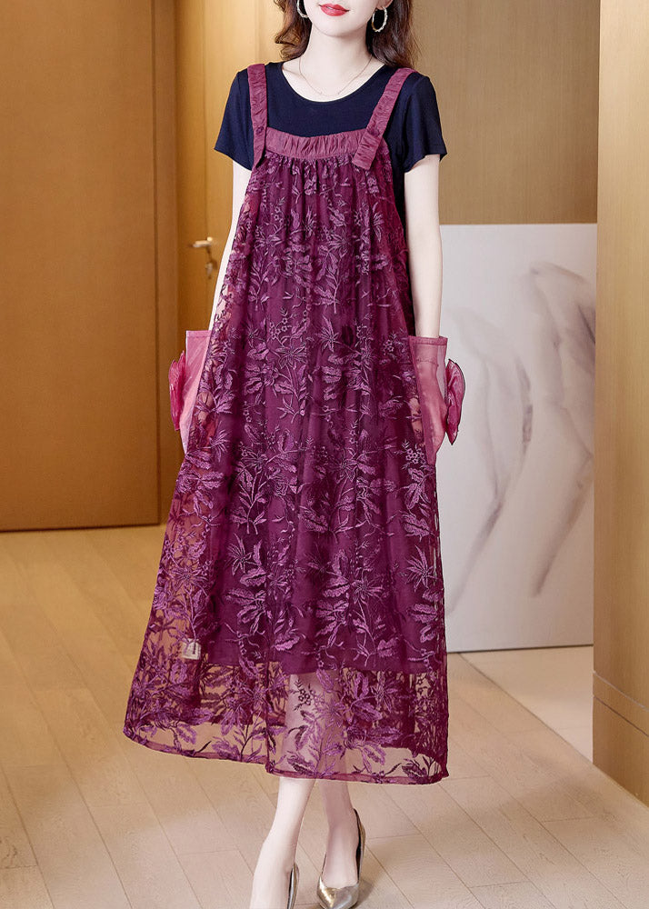 Boutique Purple Slash Neck Embroideried Tulle Slip Long Dress Summer AC2040