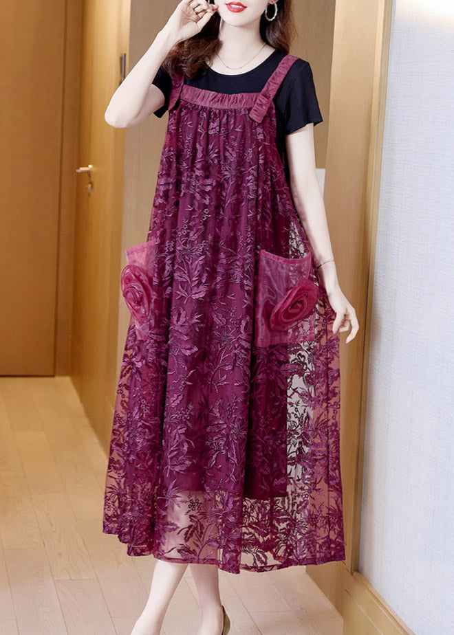 Boutique Purple Slash Neck Embroideried Tulle Slip Long Dress Summer AC2040
