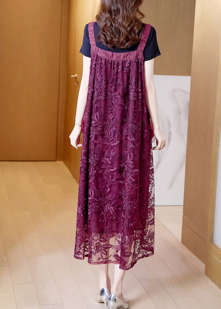 Boutique Purple Slash Neck Embroideried Tulle Slip Long Dress Summer AC2040