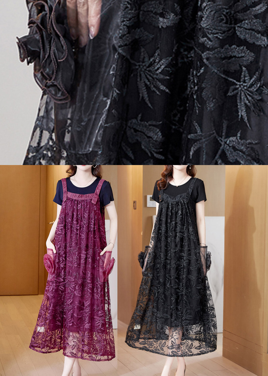 Boutique Purple Slash Neck Embroideried Tulle Slip Long Dress Summer AC2040