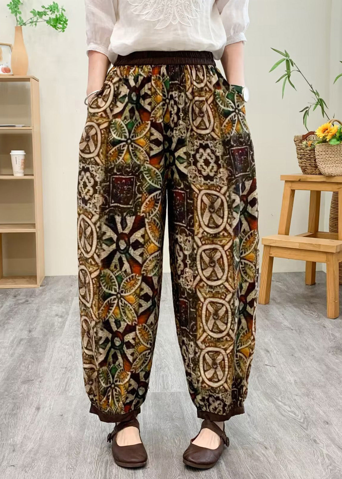Boutique Yellow Elastic Waist Silk Linen Crop Harem Pants TQ1029