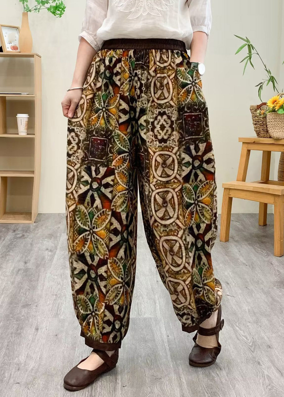 Boutique Yellow Elastic Waist Silk Linen Crop Harem Pants TQ1029