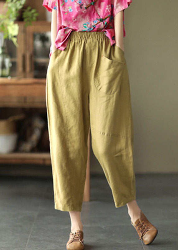 Boutique Yellow Pockets Patchwork Linen Crop Pants Summer LY0585
