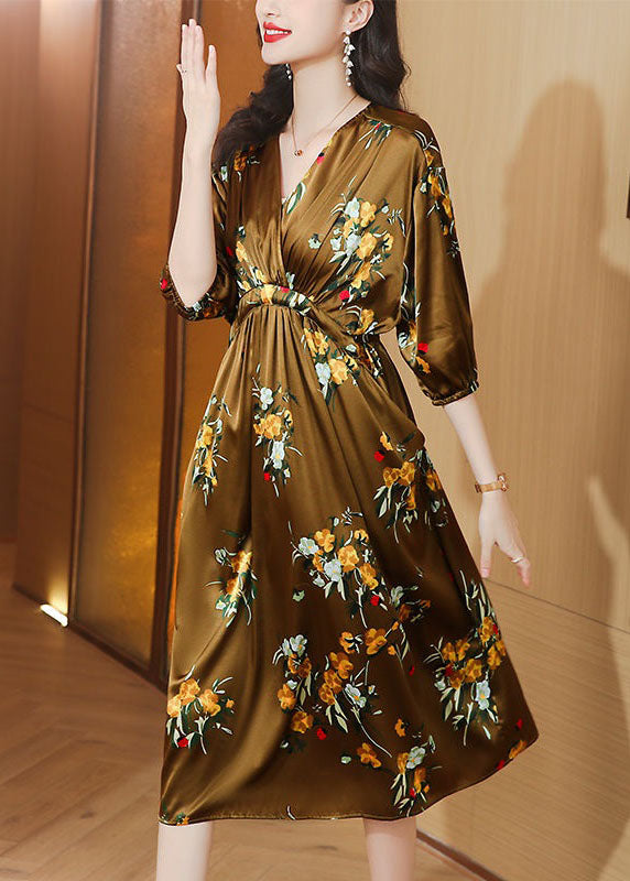 Boutique Yellow V Neck Wrinkled Pockets Print Patchwork Silk Dresses SummerTI1044