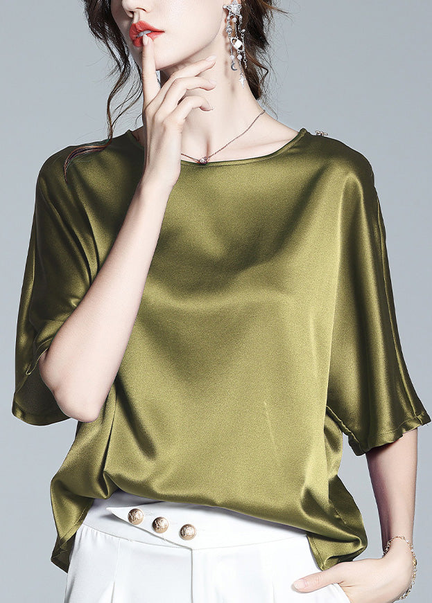 Brief Green O-Neck Solid Silk T Shirt Half Sleeve LY1040