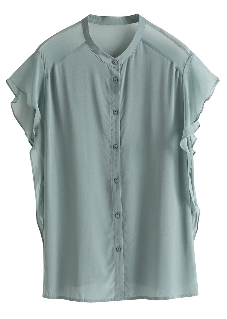 Brief Haze Blue Stand Collar Button Solid Silk Shirt Short Sleeve LY1021