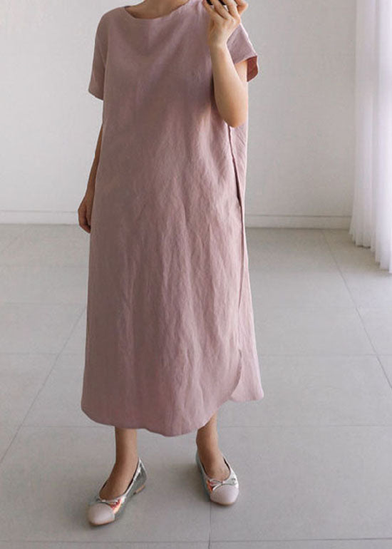 Brief Pink O Neck Patchwork Loose Cotton Long Dress Summer LY1336
