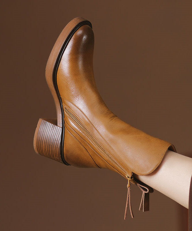 Brown Cowhide Leather Shelsea Boots Chunky Splicing Zippered F4158