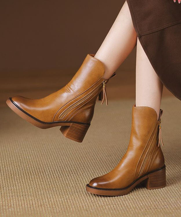 Brown Cowhide Leather Shelsea Boots Chunky Splicing Zippered F4158