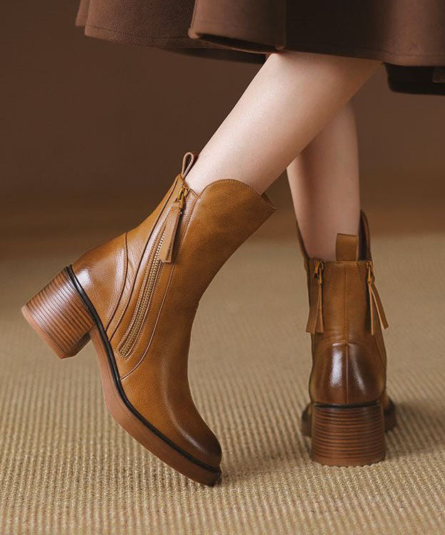 Brown Cowhide Leather Shelsea Boots Chunky Splicing Zippered F4158