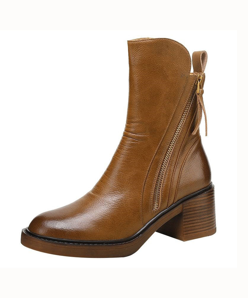 Brown Cowhide Leather Shelsea Boots Chunky Splicing Zippered F4158