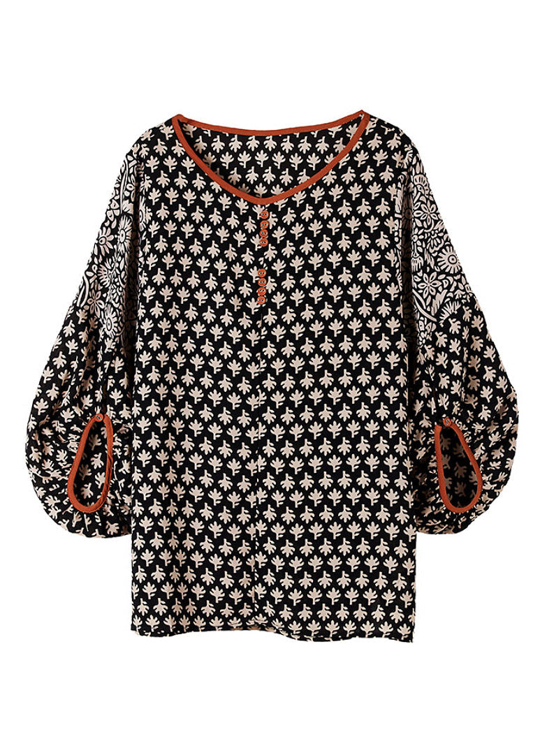 Casual Black O-Neck Print Chiffon Shirt Half Sleeve LY0360