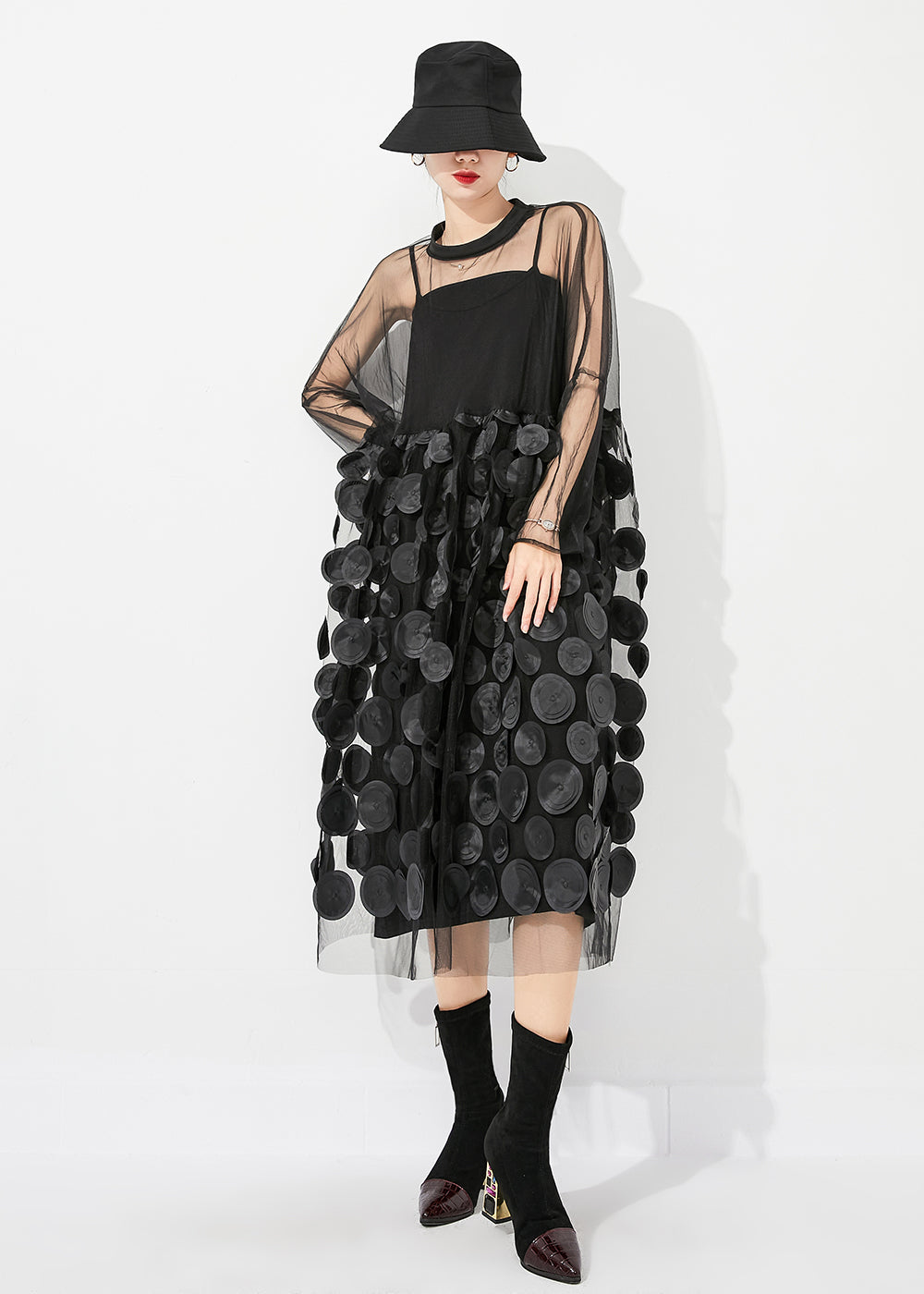 Casual Black Oversized Patchwork Hollow Out Tulle Long Dress Summer LY0883