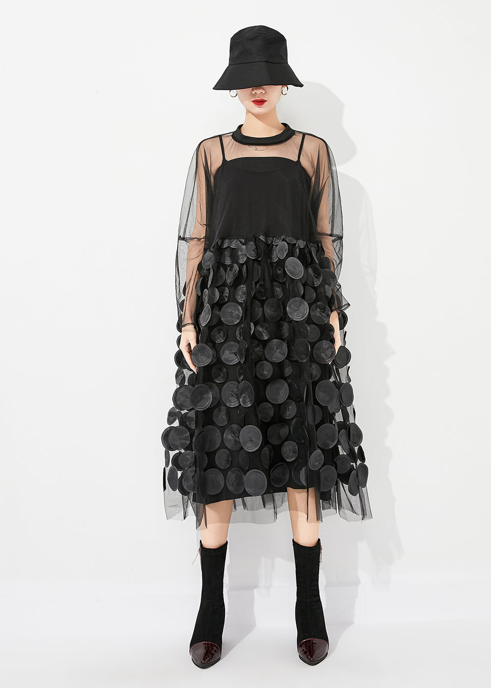 Casual Black Oversized Patchwork Hollow Out Tulle Long Dress Summer LY0883