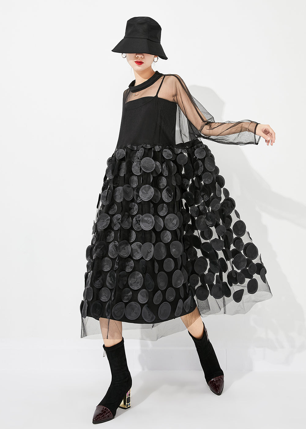 Casual Black Oversized Patchwork Hollow Out Tulle Long Dress Summer LY0883