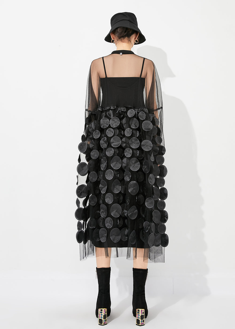Casual Black Oversized Patchwork Hollow Out Tulle Long Dress Summer LY0883