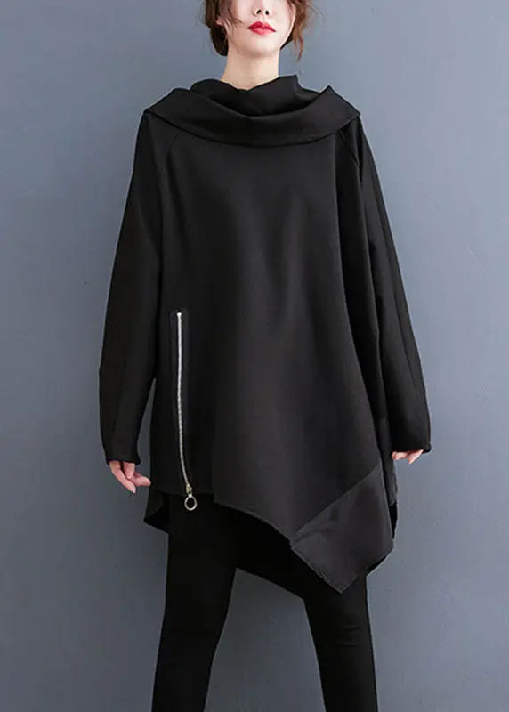 Casual Black Turtle Neck Asymmetrical Patchwork Sweatshirts Fall Ada Fashion