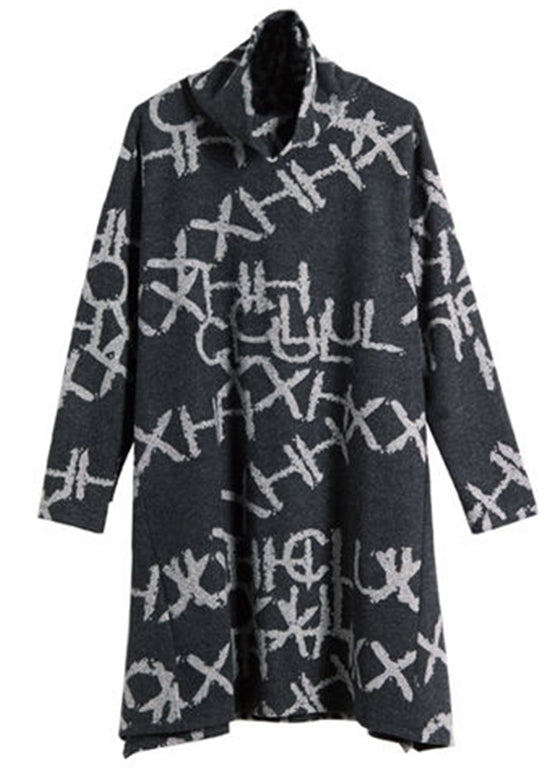 Casual Black Turtleneck Alphabet Print Warm Fleece Thick Cotton Pullover Fall HA1006