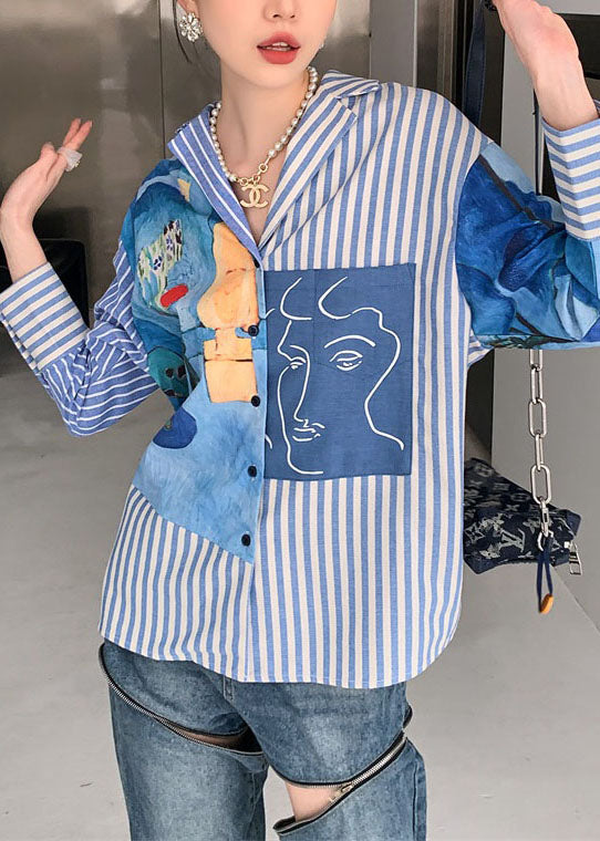 Casual Blue Peter Pan Collar Striped Print Cotton Shirts Spring LY0759