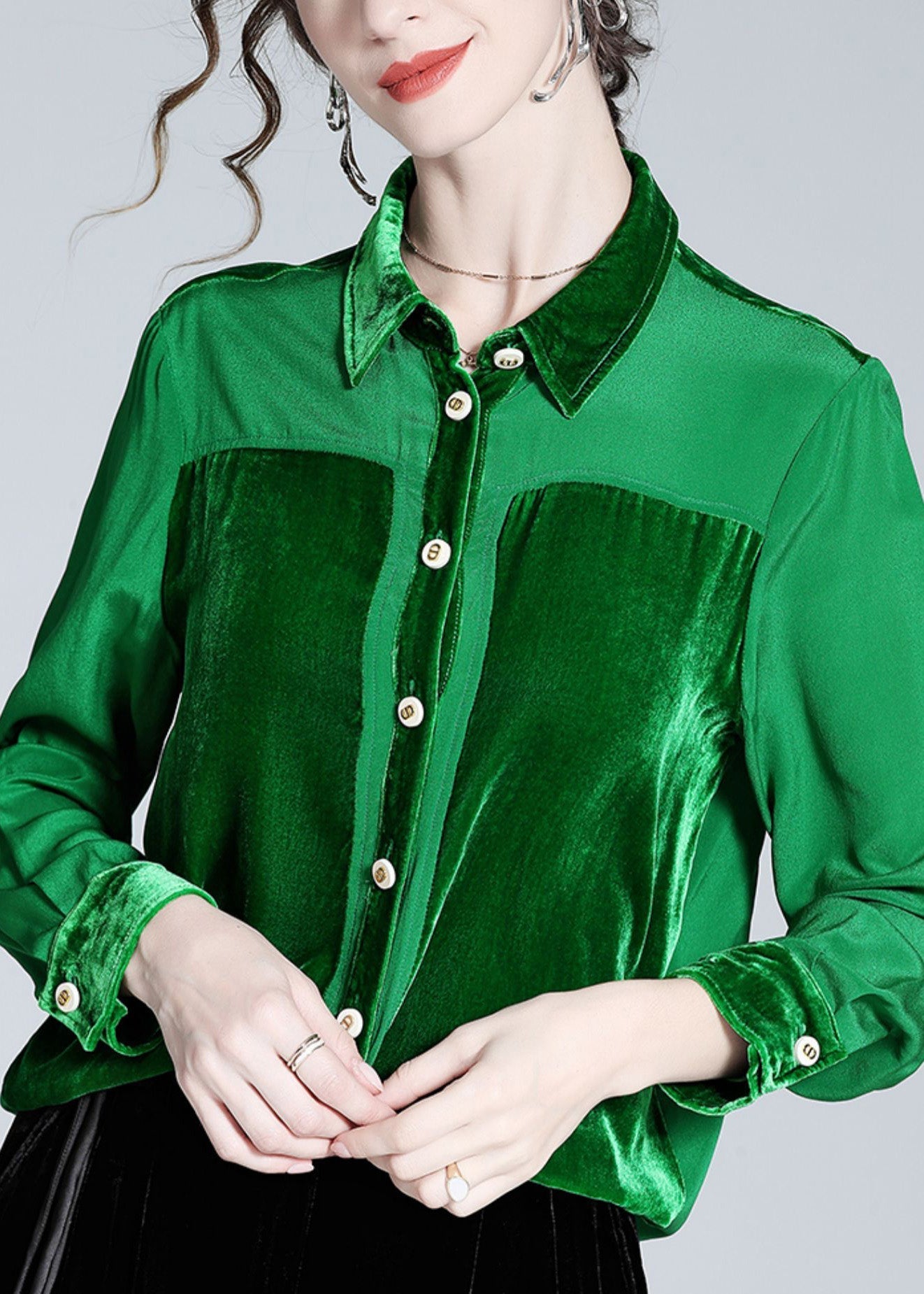 Casual Green Peter Pan Collar Patchwork Button Silk Shirt Long Sleeve LY1043