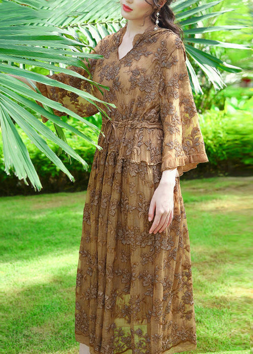 Casual Khaki Hooded Embroideried Silk Cinched Dress Summer LY0685